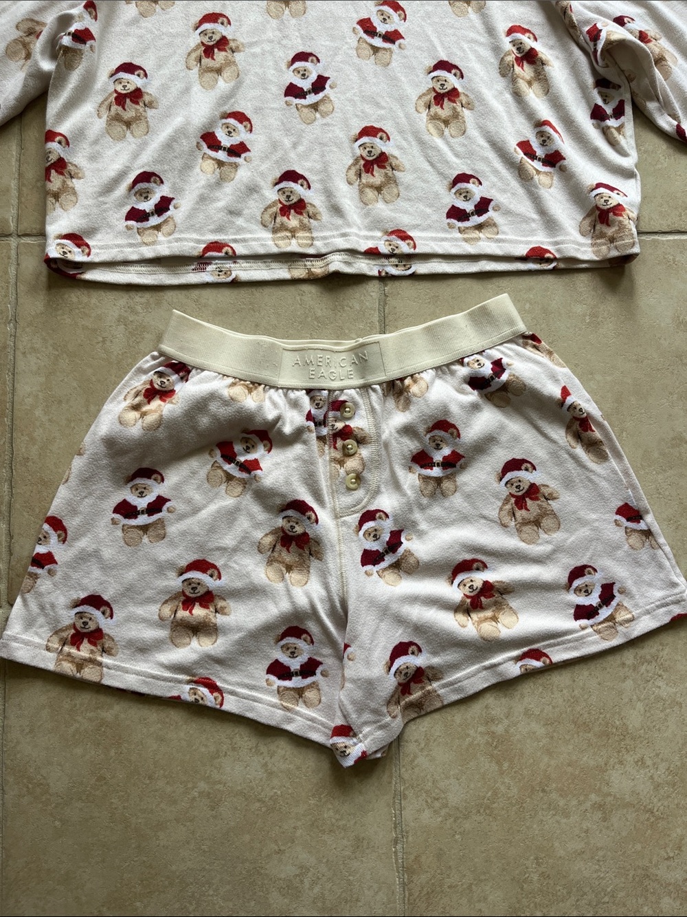 American Eagle Outfitters Cream Teddy Bear Santa Print Pajama Set